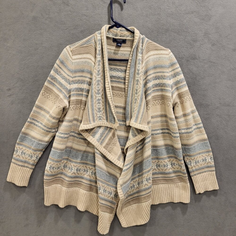 Chaps‎ Denim Cardigan Sweater Womens Size 1X Open Front Waterfall Stripe Cozy